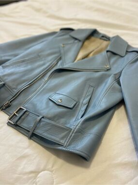 Theory Dusty Blue Leather Moto Jacket